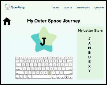 A screenshot of the 'My Outer Space Journey' game with a keyboard layout and a large letter 'J' highlighted to indicate the key to press.