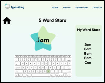 A screenshot of the '5 Word Stars' game showing a keyboard and a list of words starting with 'J' to type and learn.