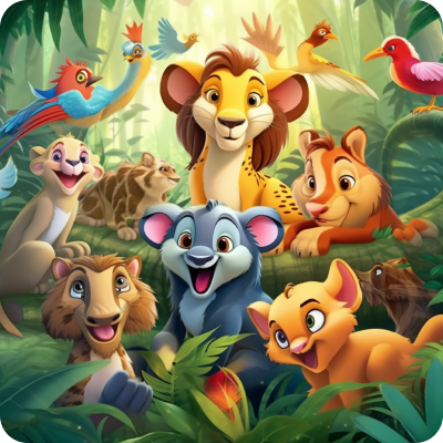 Illustration of animated jungle animals in a lively forest setting, depicting a sense of adventure and exploration.