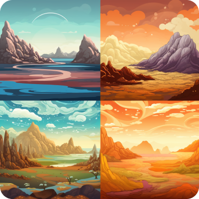 Illustration of a fantastical landscape with orange hues and rocky formations under a serene sky.