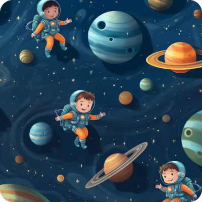 Illustration of a child astronaut floating in space among various planets and stars.